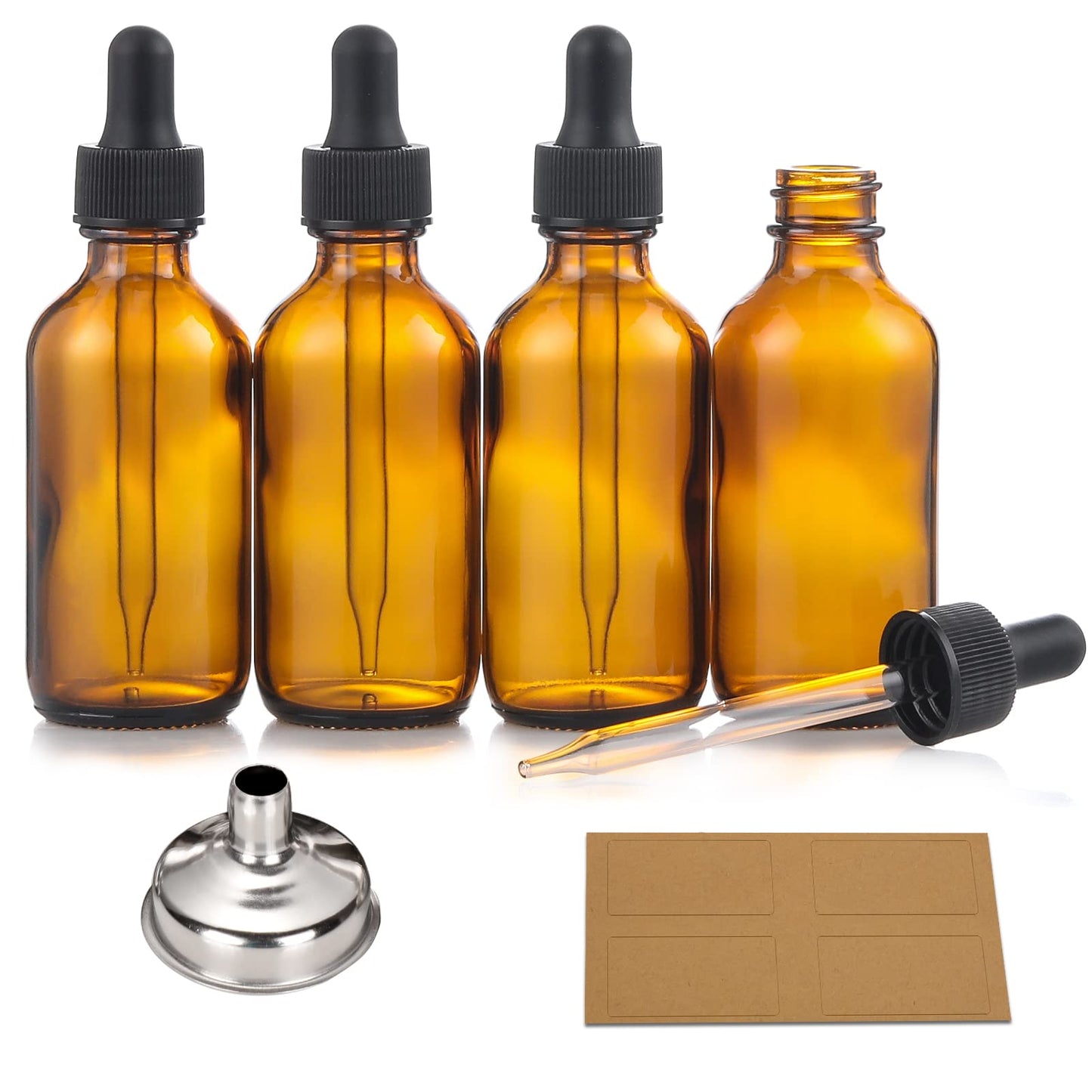 Glass Dropper Bottles with Funnel & Labels (2 Oz, 4 count)
