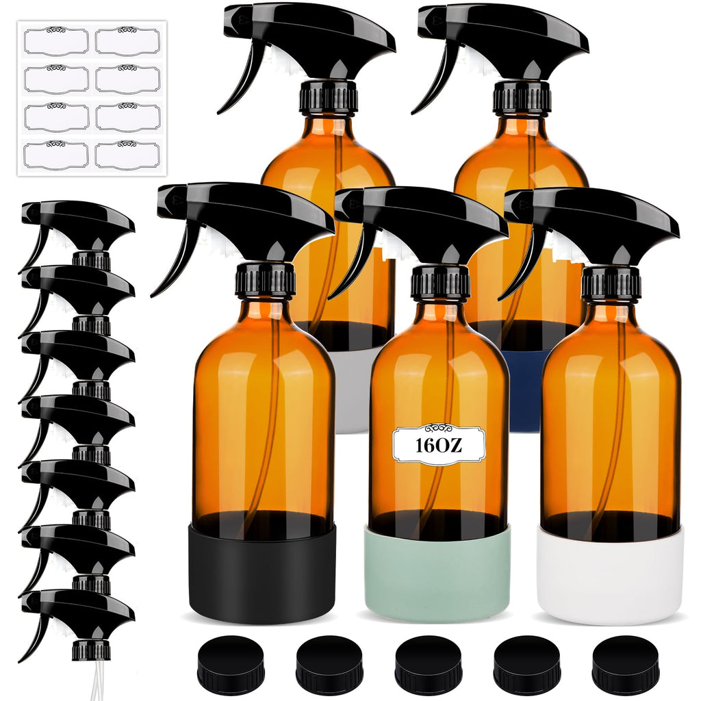 Glass Spray Bottles with silicone sleeves (16 Oz, 5 Count)