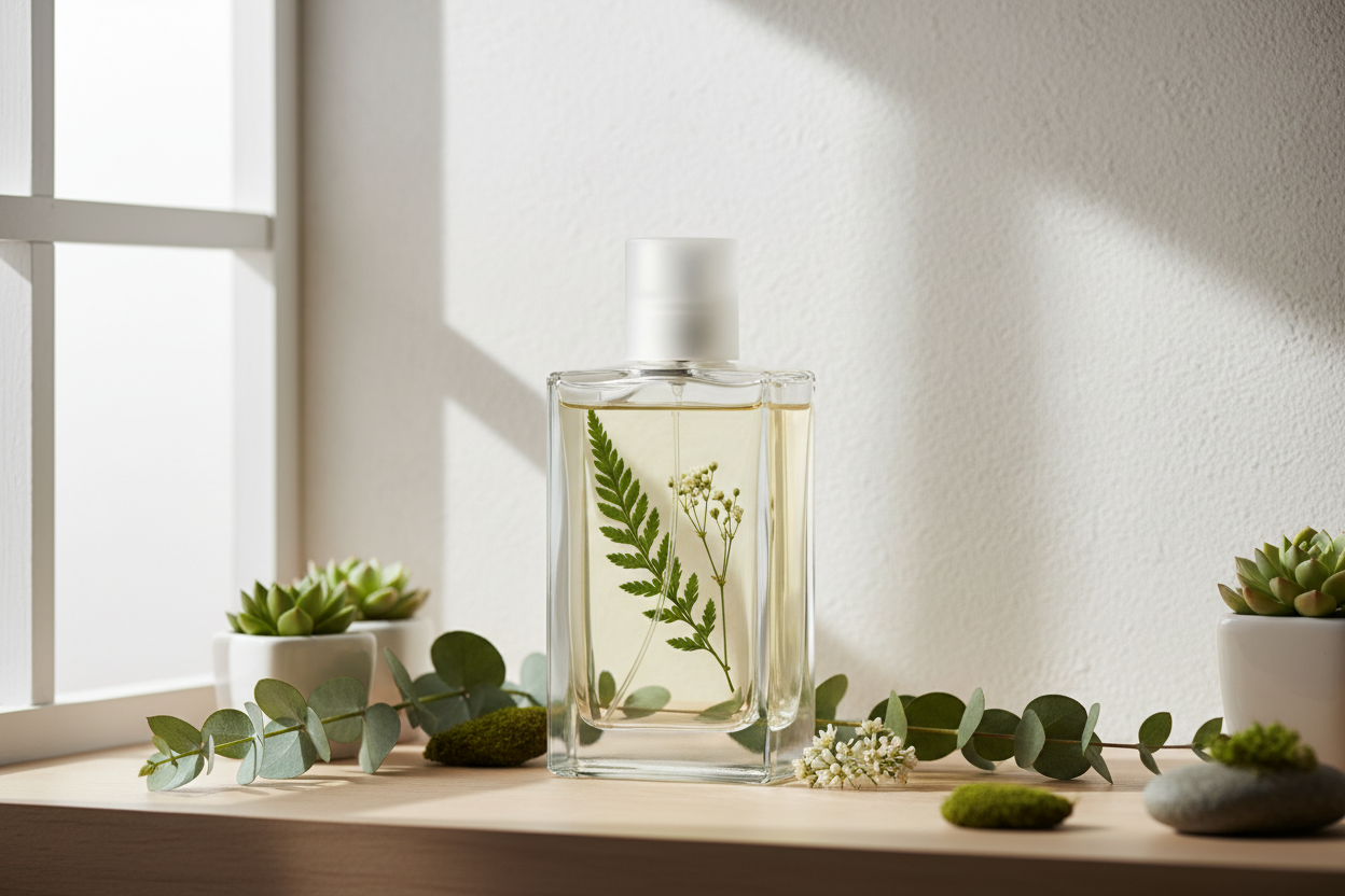 minimalist aesthetic glass perfume bottle with plants