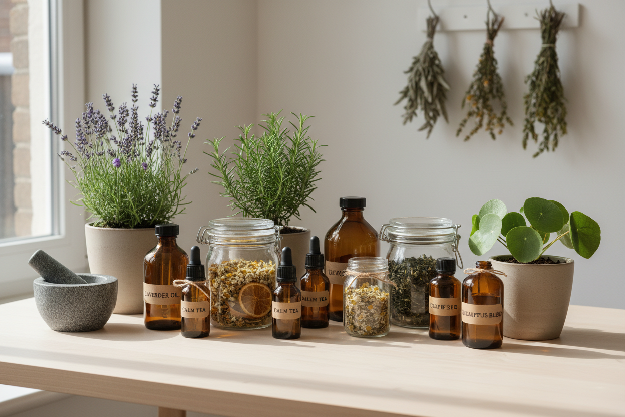 minimalist aesthetic home made apothecary with plants