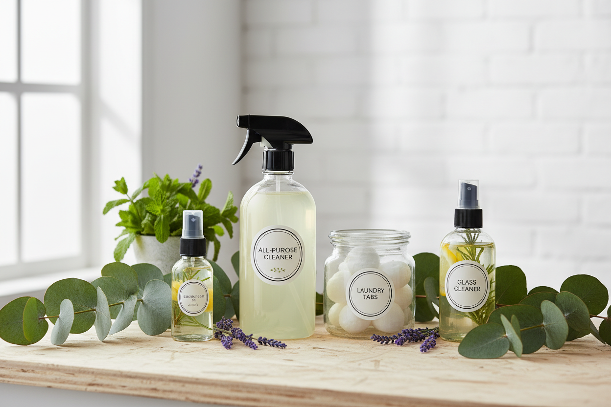 minimalist aesthetic home made cleaning supplies, glass bottles with plants