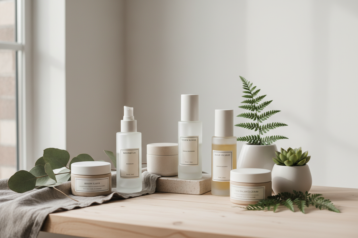 minimalist aesthetic skincare products with plants