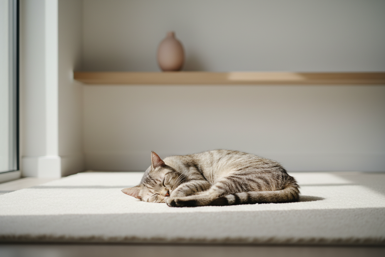 minimalist aesthetic tabby cat lounging asleep