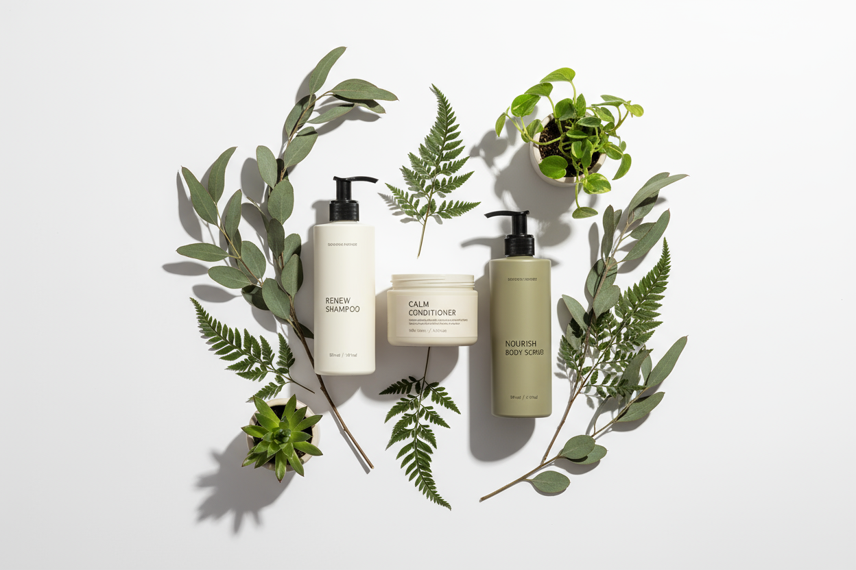 minimalist holistic shower products with plants